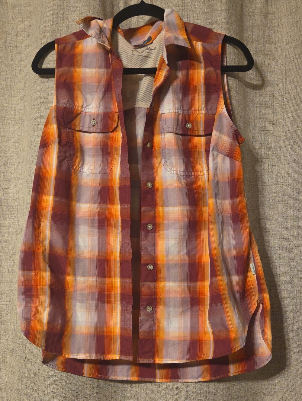 Eddie Bauer Plaid Sleeveless Button-Down in Orange & Burgundy